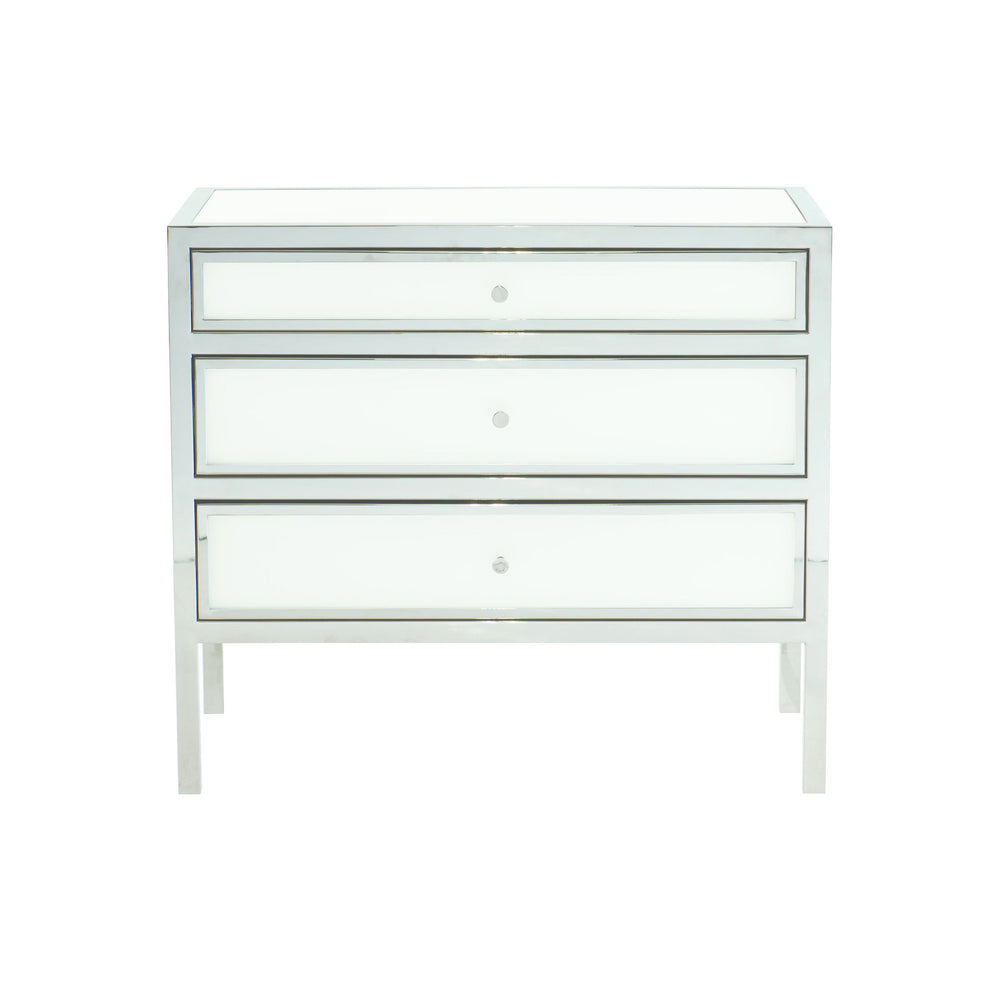 Bernhardt Bernhardt Blanca 34" Nightstand — Polished Stainless Steel Frame, Inset Snow Glass, 3 Bright Drawers 372215