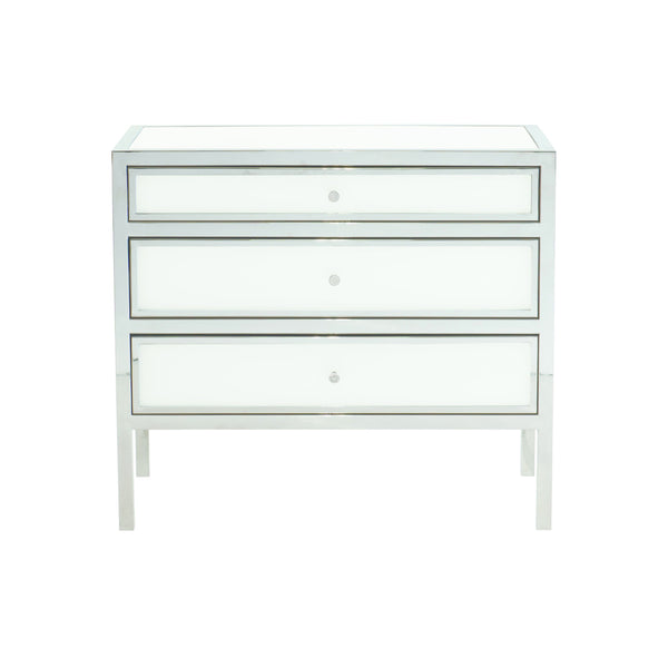 Bernhardt Bernhardt Blanca 34" Nightstand — Polished Stainless Steel Frame, Inset Snow Glass, 3 Bright Drawers 372215