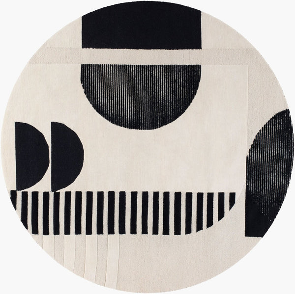 Livabliss Brooklyn Handmade Wool Area Rug with High Low Pile Geometric Pattern for Living Room Black, Cream 6' x 6' Round BRO2304-6RD