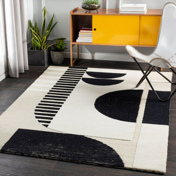 Livabliss Brooklyn Handmade Wool Area Rug with High Low Pile Geometric Pattern for Living Room Black, Cream 8'10" x 12' BRO2304-81012