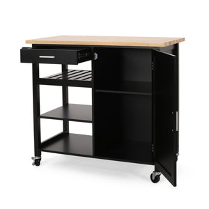 English Elm Christopher Knight Home® - Kitchen Island Cart with Solid Rubberwood Top, 41.75" Mobile Island with Drawer, Cabinet, Shelves & Wheels Black 67756.00NATBLK