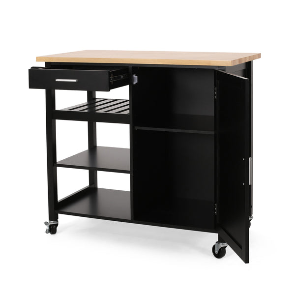 English Elm Christopher Knight Home® - Kitchen Island Cart with Solid Rubberwood Top, 41.75" Mobile Island with Drawer, Cabinet, Shelves & Wheels Black 67756.00NATBLK