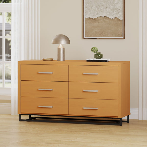 English Elm Christopher Knight Home® - 6 Drawer Chest with Iron Base and Six Spacious Drawers, Contemporary Industrial Design, Durable Construction Maple 60 L x 19.25 W x 10 H 71883.00MPL