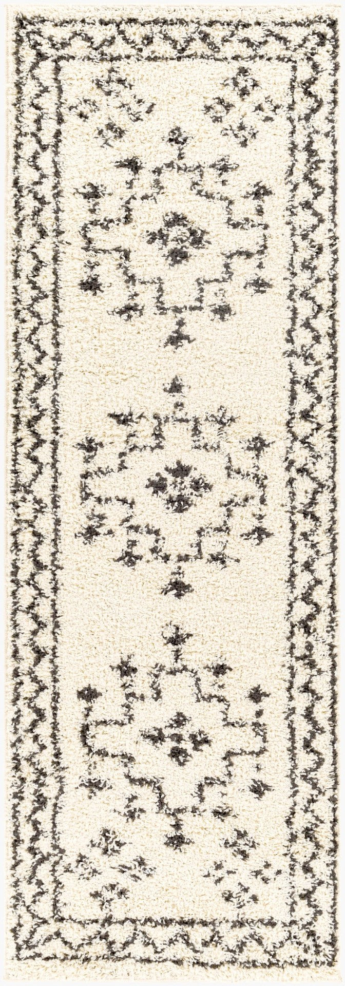 Livabliss Beni Shag Runner Moroccan Inspired Polypropylene Hallway Rug with Plush Bohemian Pile Black, Cream 2'7" x 7'3" BSH2320-2773