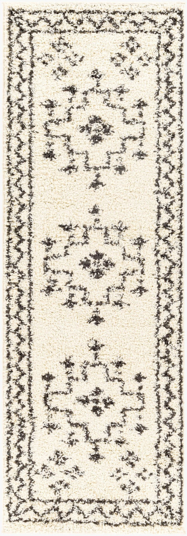 Livabliss Beni Shag Runner Moroccan Inspired Polypropylene Hallway Rug with Plush Bohemian Pile Black, Cream 2'7" x 7'3" BSH2320-2773
