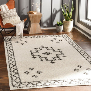 Livabliss Beni Shag Runner Moroccan Inspired Polypropylene Hallway Rug with Plush Bohemian Pile Black, Cream 5'3" x 7' BSH2320-537