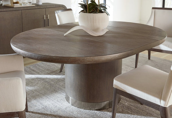 Hooker Furniture Modern Mood Round Dining Table With Alabaster Oak Veneer, Pewter Banding And 18" Leaf Extension Medium Brown 6850-75201-89