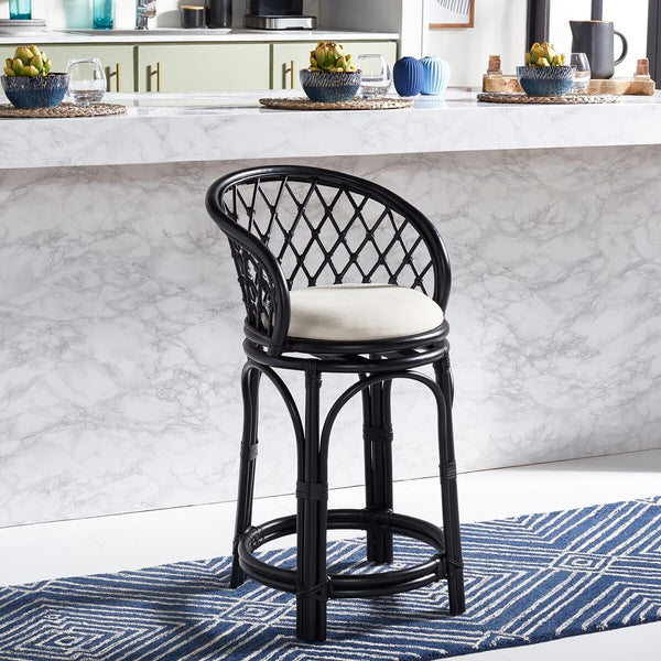 Safavieh Yuta Rattan Counter Stool W/ Cushion XII23 Black / White Rattan BST6504B