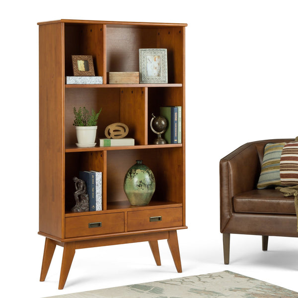 English Elm Draper - Stylish Mid Century Wide Bookcase In Teak Brown With Storage Drawers For Modern Spaces B136P158160
