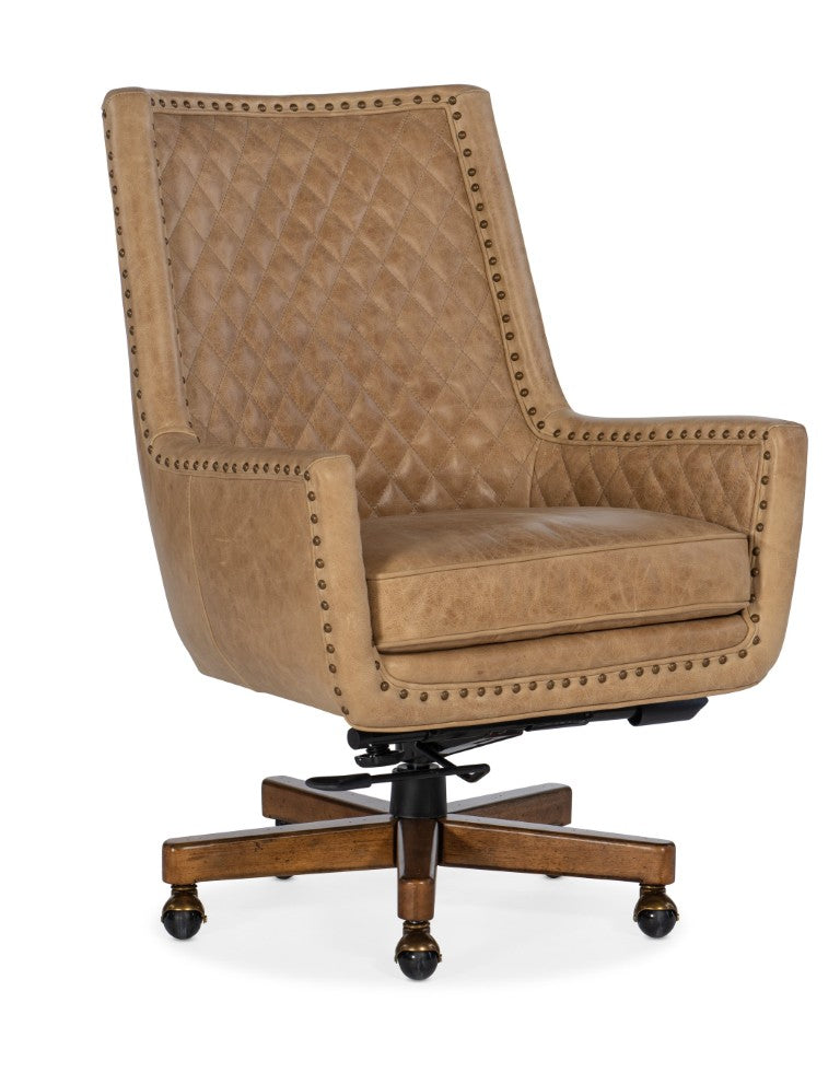 Hooker Furniture Kent Executive Swivel Tilt Chair In Venerando Bisque Leather With Quilted Back, Gold Nailhead Trim, Wood Base And Adjustable Comfort Light Brown EC206-081