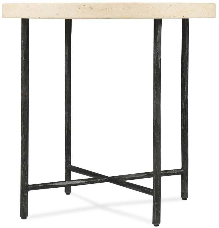 Hooker Furniture Driftwood Round Side Table With Stone Top And Textured Metal X‑Stretcher — Compact Gray Accent 6820-80116-00