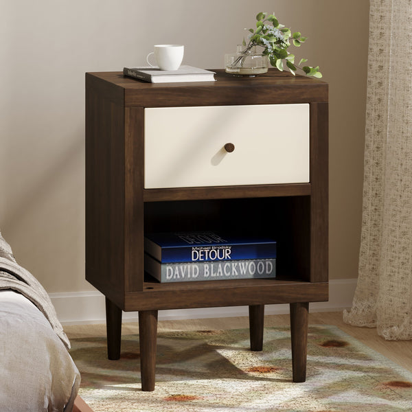 English Elm 1-drawer Nightstand with Splayed Rubberwood Legs and Open Shelf Mid-century Bedroom 72036.00