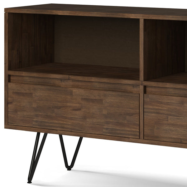 English Elm Chase Rustic Natural Aged Brown Low Bookcase – Solid Acacia Wood, 2 Open Compartments & 2 Drawers B136P160672