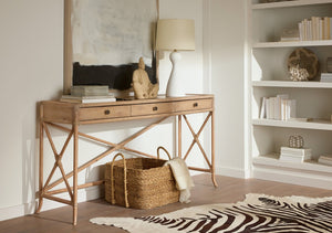 Hooker Furniture Retreat Coastal Rattan Console With Dune Finish, Rope Trim, X-Stretchers & 3 Soft-Close Drawers Light Wood 6950-80171-80