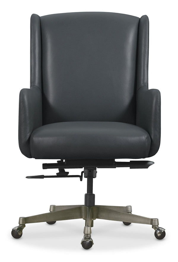 Hooker Furniture Benito Executive Swivel Tilt Chair With Top-Grain Leather, Gunmetal Base, Black Nickel Casters For Comfort And Style Blue EC820-049