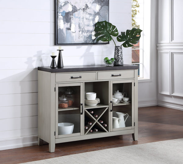 English Elm Steve Silver - Hyland Acacia Server in Dark Gray — Chevron Veneer Top, Wine Rack, Glass Doors, Felt Drawers, 54.7" B081P157395