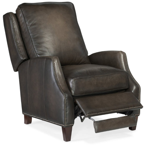 Hooker Furniture Kerley Handcrafted Push-Back Recliner In Sarzana Top-Grain Leather With Dark Walnut Base For Comfort Grey RC260-PB-095