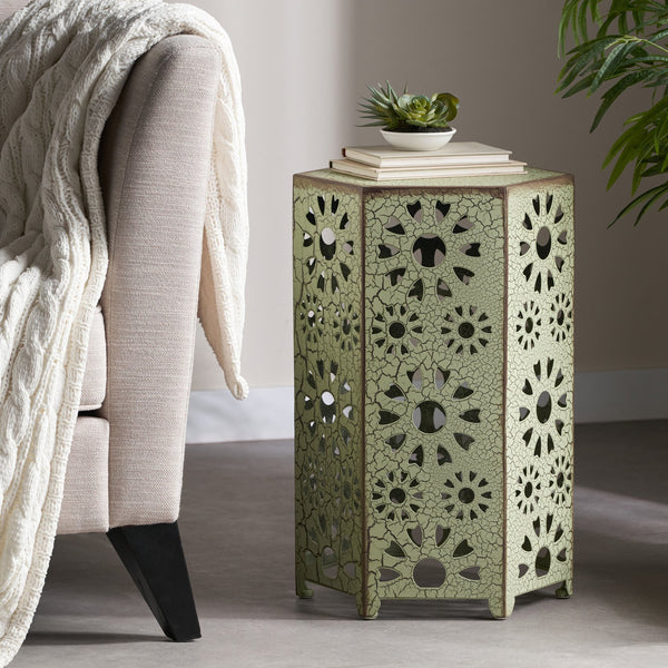 English Elm Galore Iron Patio Side Table with Sunburst Cutout and Crackle Finish for Outdoor Lounging Green 60815.00CGRN
