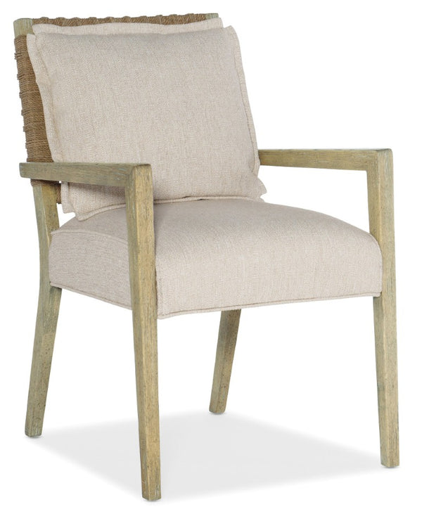 Hooker Furniture Surfrider Driftwood Woven Back Arm Chair With Zuri Cream Upholstery — Coastal, Durable Dining Comfort 6015-75301-80