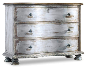 Hooker Furniture Chatelet Light Blue Distressed Pecan Chest With Acanthus Details, Bun Feet & Faux Lock — Elegant Storage 5851-85001