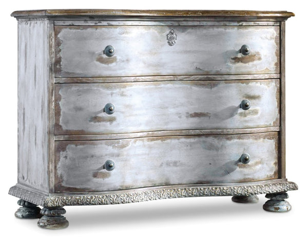 Hooker Furniture Chatelet Light Blue Distressed Pecan Chest With Acanthus Details, Bun Feet & Faux Lock — Elegant Storage 5851-85001