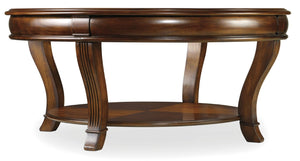 Hooker Furniture Brookhaven Distressed Cherry Round Cocktail Table With Brass Starburst Inlay, Glass Top & Shelf 281-80-111