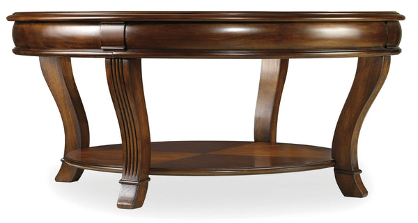Hooker Furniture Brookhaven Distressed Cherry Round Cocktail Table With Brass Starburst Inlay, Glass Top & Shelf 281-80-111