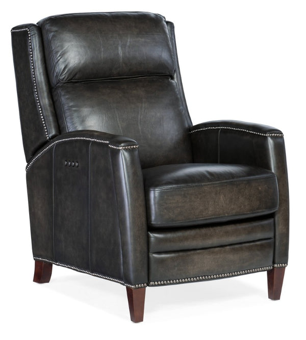 Hooker Furniture Declan Leather Power Recliner With Headrest, Antique Gold Nailhead Trim, Usb Port, Dark Wood Legs Brown RC251-PH-089