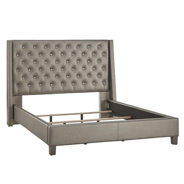 Homelegance By Top-Line Vaughn Faux Leather Crystal Tufted Bed Silver Faux Leather