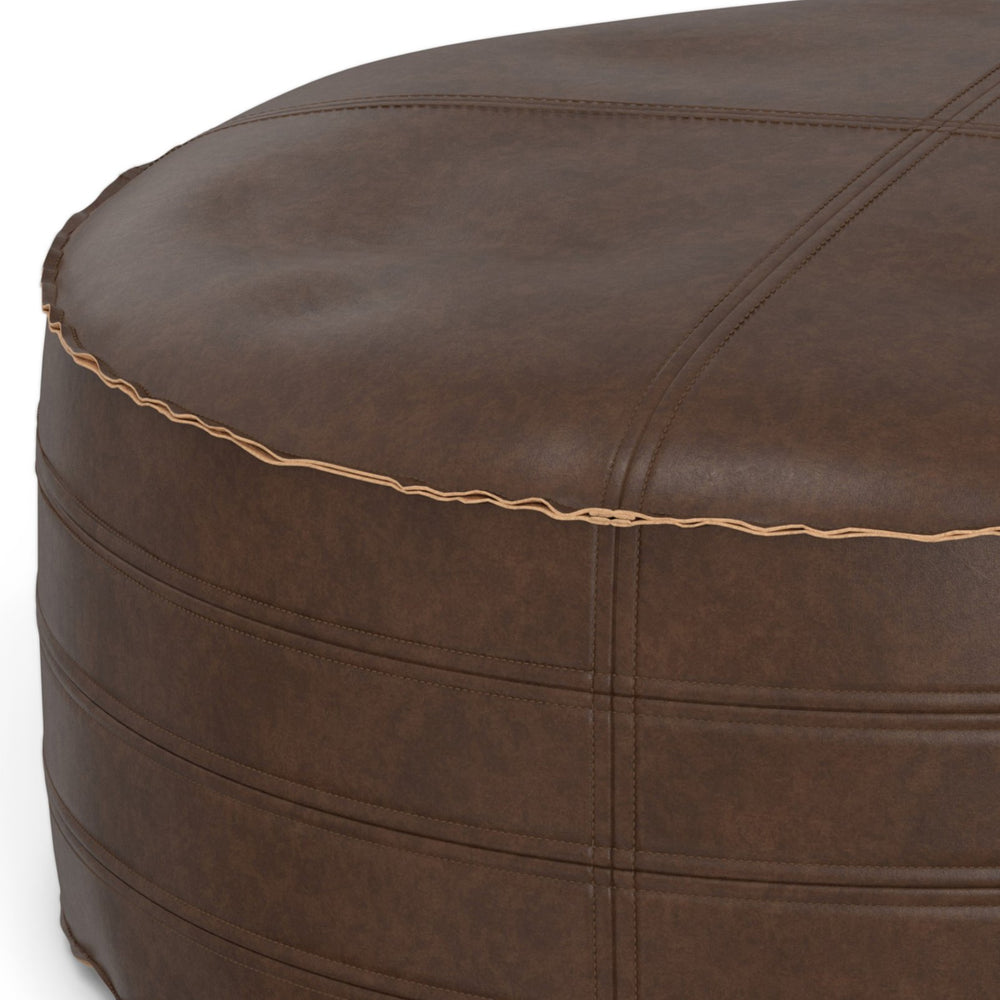English Elm Brody - Stylish 32" Round Pouf Coffee Table In Distressed Dark Brown - Versatile Seating & Ottoman B136P159352