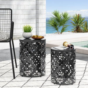 English Elm Metal Nesting End Table Set of Two with Floral Iron Cut Design for Living Room Black 73604.00BLK