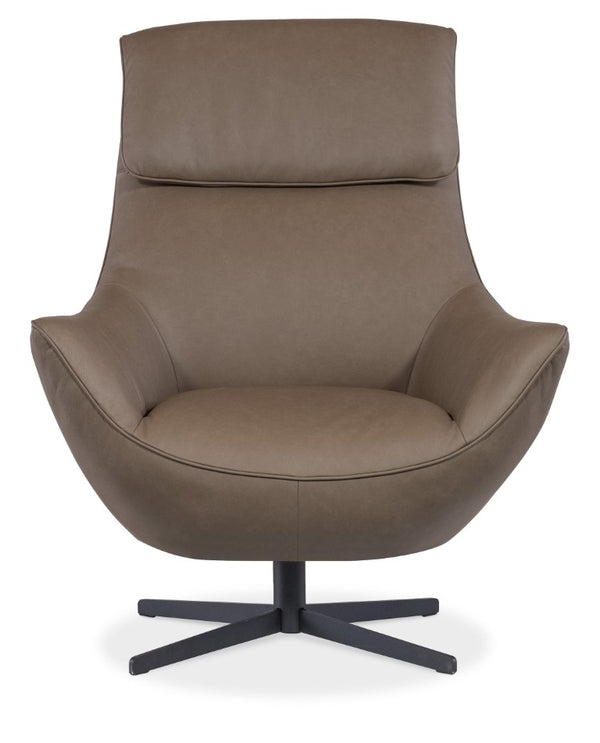 Hooker Furniture Hughes Swivel Chair With Top-Grain Semi-Aniline Leather, Bustle Back, Flared Arms, 360° Metal Base Brown CC733-SW-075