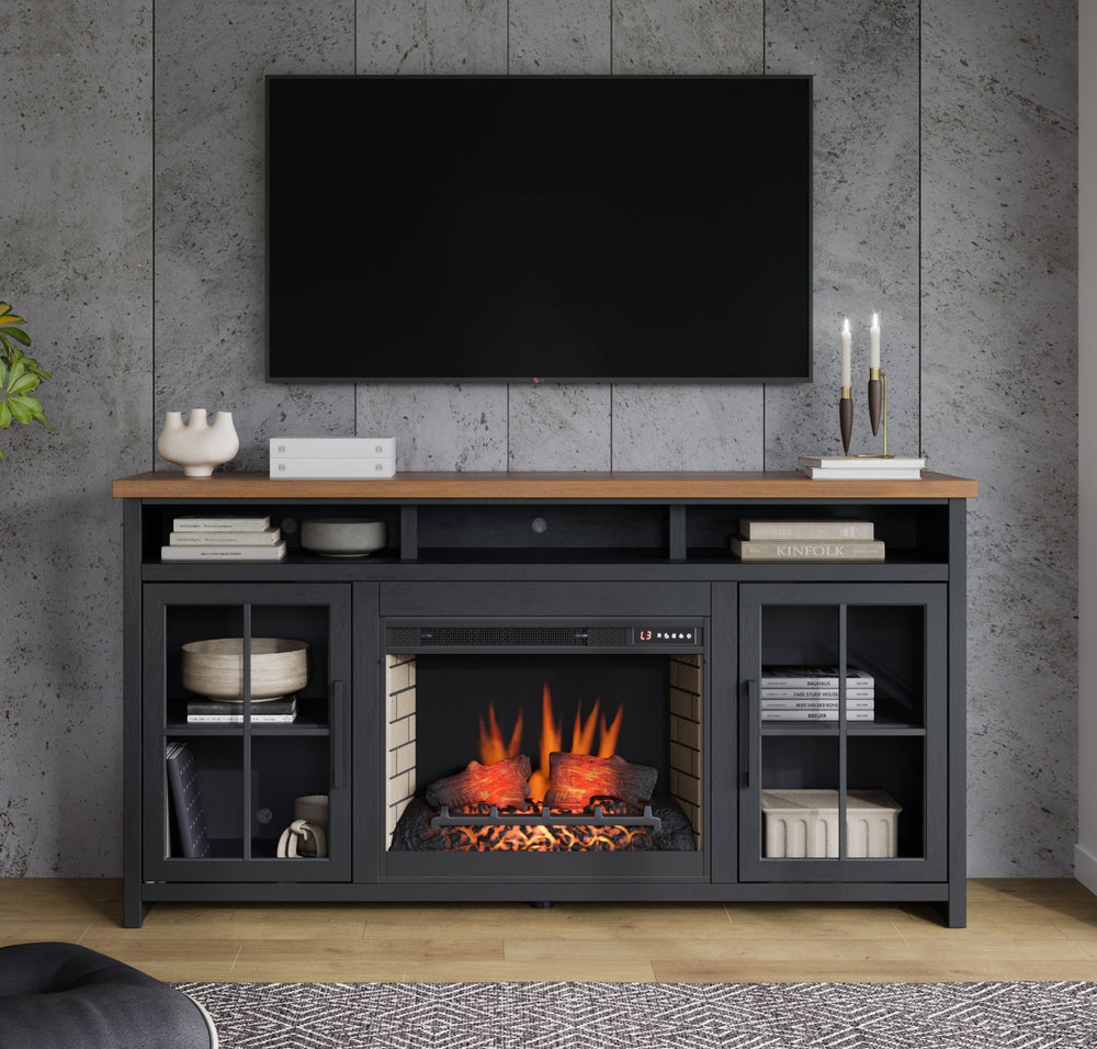 Legends Furniture Bridgevine Home Essex 74 Inch Fireplace Tv Stand Console For Tvs Up To 85 Inches, Black And Whiskey Finish Black Poplar Solids And Okoume Veneers Es5110.Swk