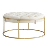 Piper Gold Finish Velvet Button Tufted Round Ottoman