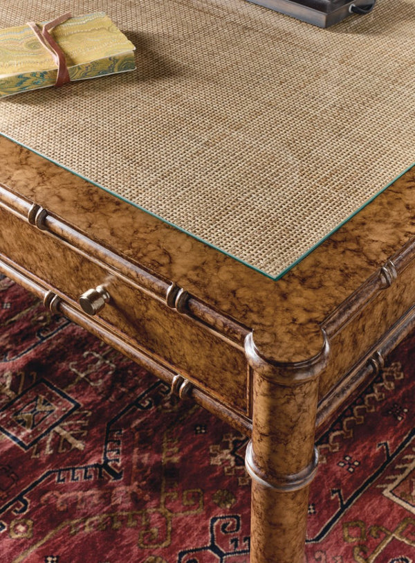 Hooker Furniture Archives Writing Desk With Faux-Tortoise Shell Accent, Woven Cane Top, Glass Surface & 3 Drawers 6123-10458-80