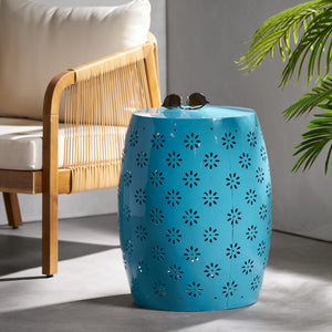 English Elm Soleil Iron Barrel Side Table with Starburst Lattice for Patio Balcony Outdoor Use 61303.00