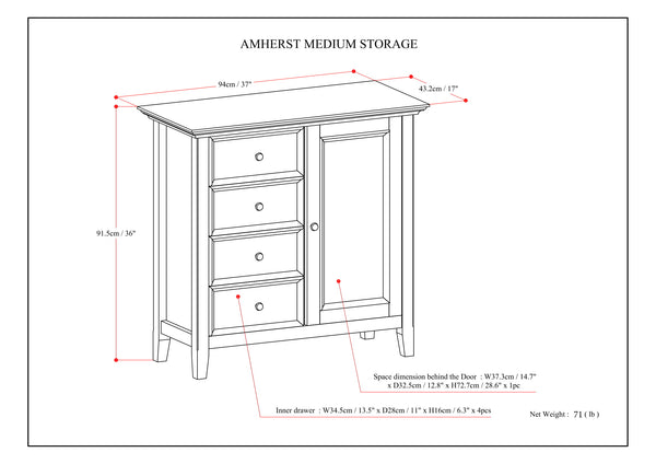 English Elm Amherst Medium Storage Cabinet - Stylish Solid Wood Design With Four Drawers & Adjustable Shelves B136P159433