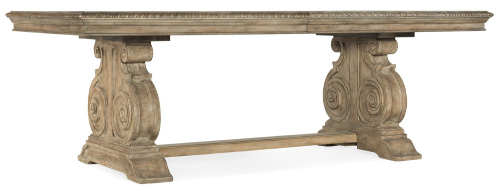 Hooker Furniture Castella Grand Rectangle Dining Table With Antique Slate Finish, Carved Trestle Base & 2 Leaves 5878-75207-80