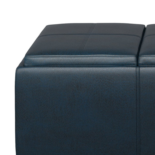 English Elm Avalon Storage Ottoman - Distressed Dark Blue Faux Leather With Hidden Storage & Serving Trays B136P158255