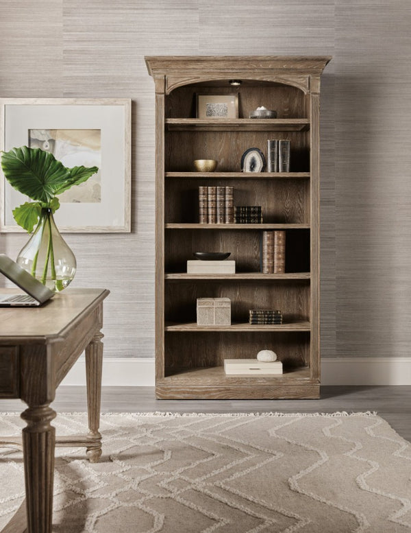 Hooker Furniture Sutter Distressed Oak Bookcase With Glass Shelf, Touch-Activated Lighting, Adjustable Shelves — Classic Appeal 5981-10445-80