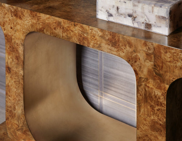 Hooker Furniture Melange Mappa Burl Console Table With Gold Leaf Accents And Sculptural Plinth For Elegant Entryway Decor 628-85692-80