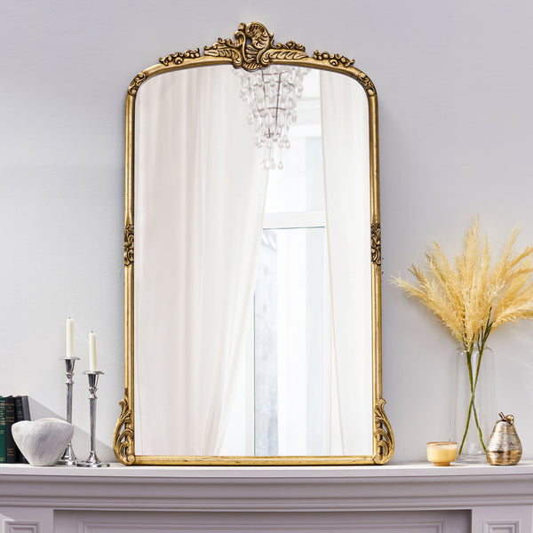 English Elm Christopher Knight Home® - OVERMANTLE Handcrafted Antique Gold Over Mantle Mirror with Carved Frame, Tempered Glass, 58"H 71466.00