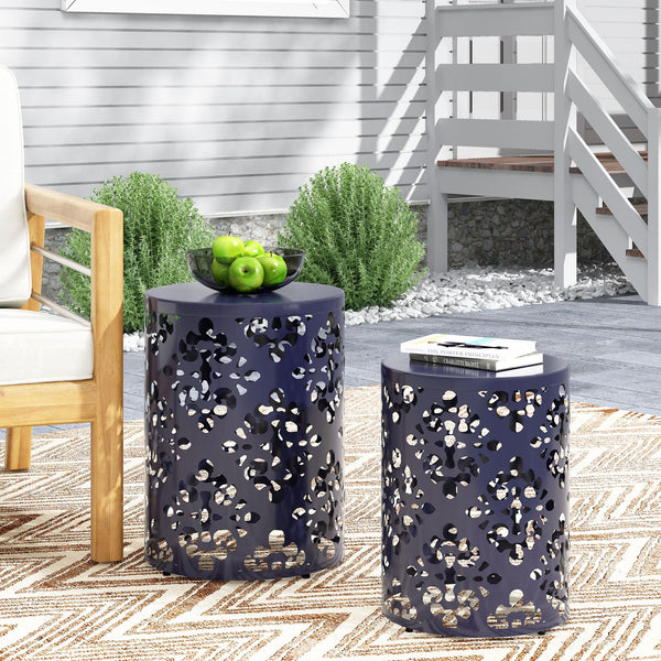 English Elm Metal Nesting End Table Set of Two with Floral Iron Cut Design for Living Room Navy Blue 73604.00NBLU