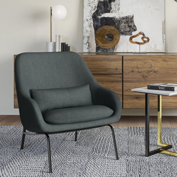 English Elm Elmont Mid-Century Accent Chair in Steel Grey Upholstery with Lumbar Pillow & Black Metal Base, Cushioned Comfort B136P158614