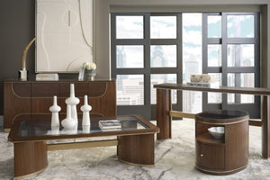 Hooker Furniture Melange Contours Credenza With Dark Walnut Veneer, Champagne Trim, Media-Ready Storage & Soft-Close Doors 628-55076-89