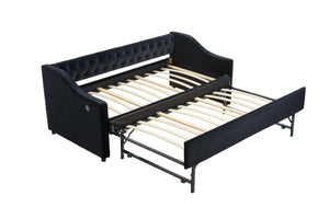 English Elm Twin Velvet Daybed with Pull Out Trundle Tufted Back Usb Port and Side Pockets Black W1361S00039
