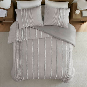 English Elm 3-piece King Yarn Dyed Cotton Duvet Set with Pompom Jacquard Stripe Percale Reverse Grey B035P482895