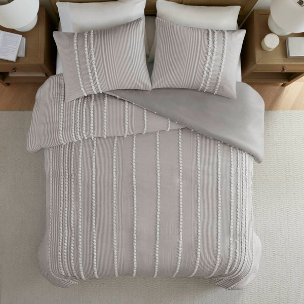 English Elm 3-piece Cotton Yarn Dyed Duvet Cover Set with Jacquard Pompom Stripe Bedding Grey B035P482894