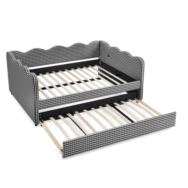 English Elm Full Size Gingham Linen Daybed with Wave Backrest Trundle and Usb Charging Port Black W1413S00141