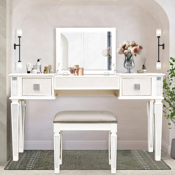 English Elm Mirrored Vanity Desk with Drawers and Flip-Up Mirror, Silver PU Stool, Crystal Knobs, Storage Elegance W2170P209976